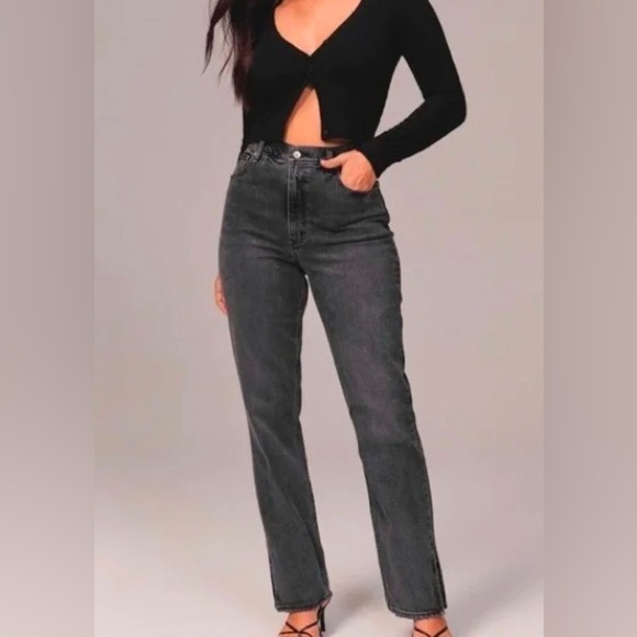 A&F Curve Love 90s Ultra High Rise Straight Jeans Split Hem Dark Grey 26/2 S - Picture 3 of 11